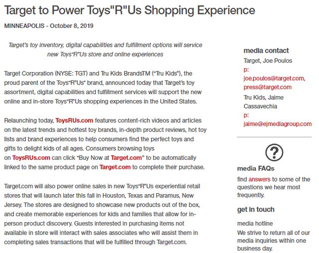 Target公司希望通过线上销售拯救玩具反斗城